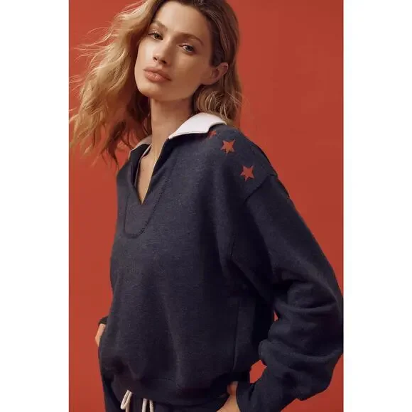 Sundry Vintage Terry Popover Polo Sweatshirt Blue Stars Size Medium - Picture 10 of 10
